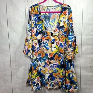 Loralette Tropical Floral Ruffle Sleeve Tunic Dress Plus Size 26/28 Resortwear